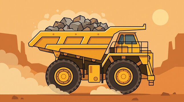 Cartoon mining dump truck loaded with rocks flat vector illustration