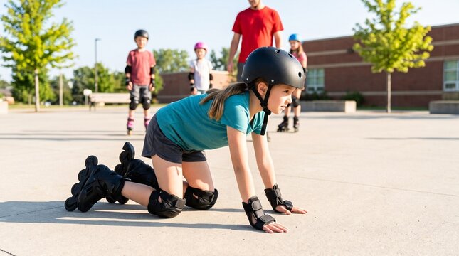Young girl wearing helmet and protective gear demonstrating safe falling technique on roller skates during a group lesson, depicting outdoor sports safety and childhood active learning.