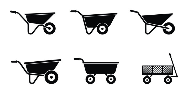 Wheelbarrow and garden cart silhouettes for construction and gardening
