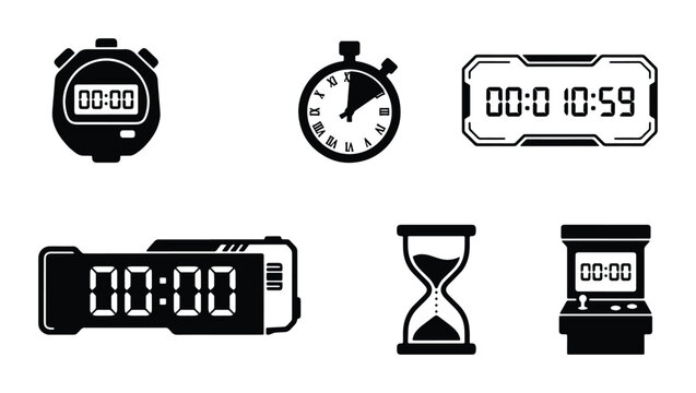 Time icons set with stopwatch, digital clock, hourglass and arcade machine for countdown or deadline