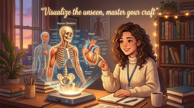 Woman learning anatomy from holographic projection in a cozy study room