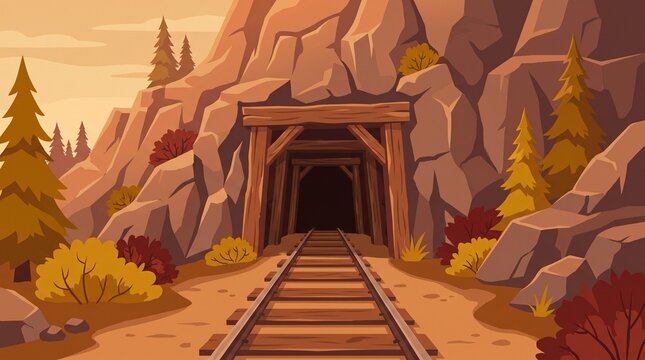 Cartoon mine tunnel entrance in rocky mountain with rail tracks