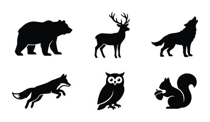 Obraz premium Forest animals silhouettes set with bear, deer, wolf, fox, owl and squirrel for nature logos
