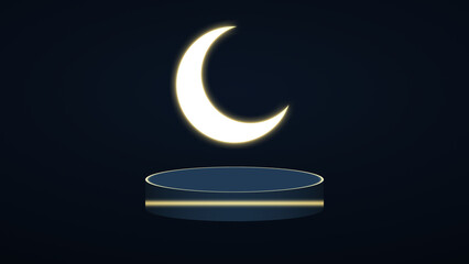 Glowing crescent moon above a dark blue circular product display pedestal for luxury night time presentation © abu