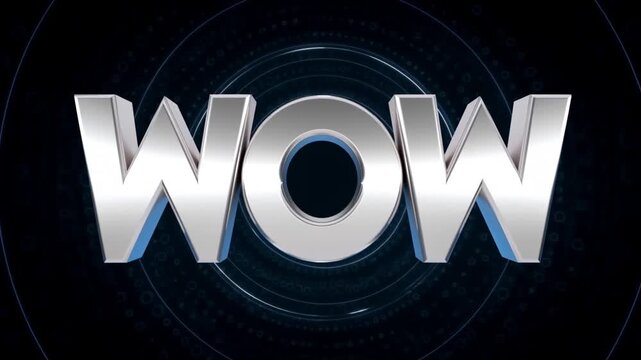 Tracking shot chrome three dimensional wow logo moving toward camera over circular digital interface background with rotating rings