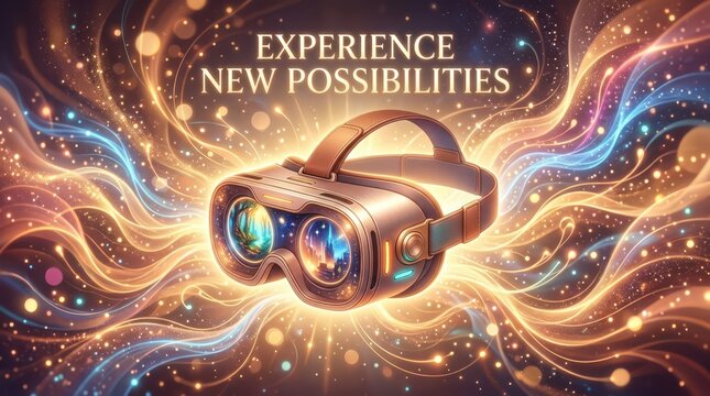 Virtual Reality Headset Immersed in Abstract Digital Light Waves, Experiencing New Possibilities