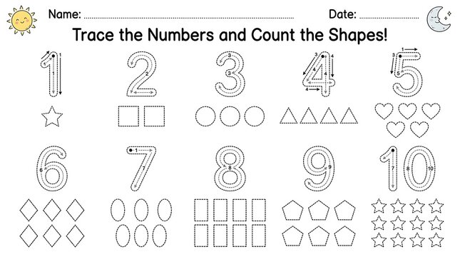 Educational worksheet for children to trace numbers and count shapes