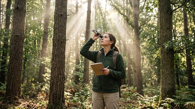 Female environmental scientist using an optical clinometer to measure tree canopy height in a sunlit forest, symbolizing ecological fieldwork and forestry management study.