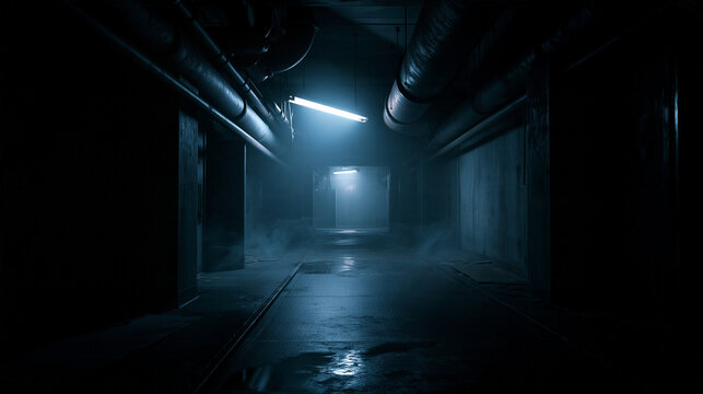 Dark narrow industrial corridor with glowing fluorescent lights and misty atmosphere in a moody basement