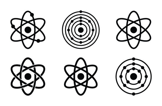 Atom icons set with nucleus and orbits, science symbols for physics and chemistry