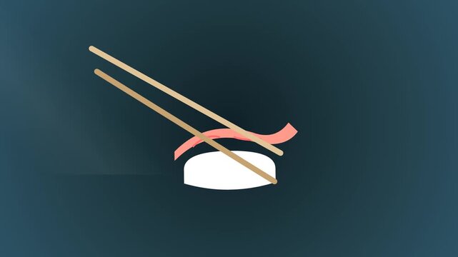 Minimalist sushi nigiri icons being held by chopsticks on dark blue