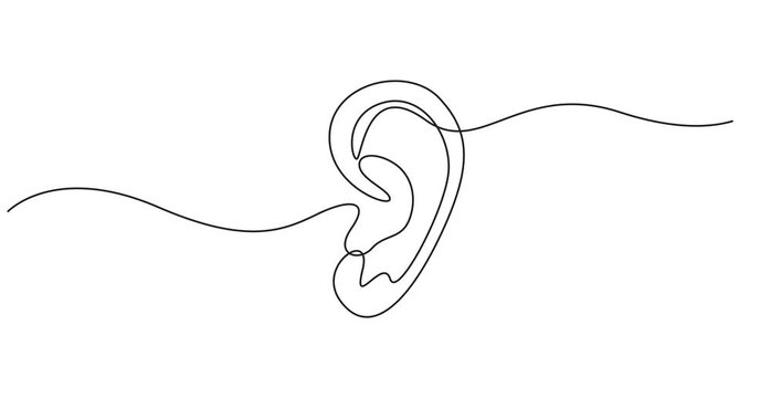 Ear continuous one line drawing video. Hand drawn outline hear symbol animation, World deaf day single line concept template, Self drawing line animation ear, Full length single line animation, 4k