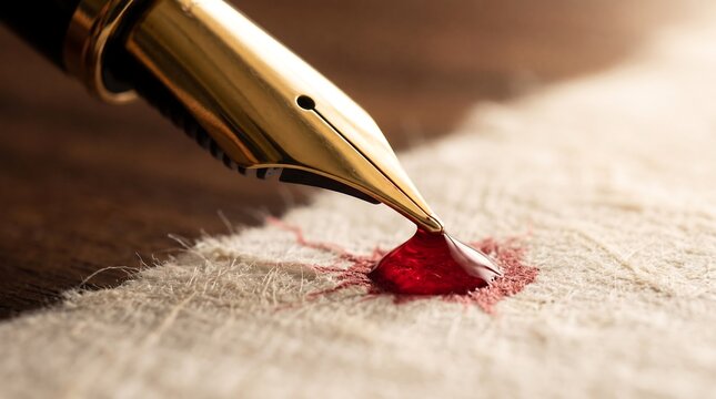 Macro of gold fountain pen nib touching cream textured paper with a fresh pool of red ink