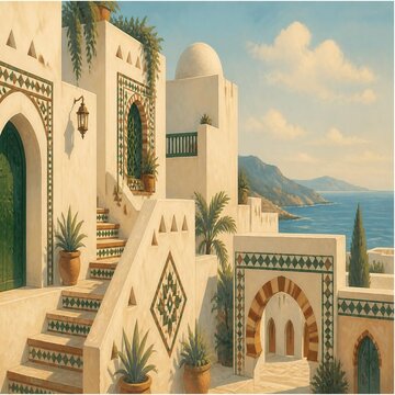Algerian Mediterranean Coastal Village &mdash; Stylized Andalusian Architecture, Original Artwork
