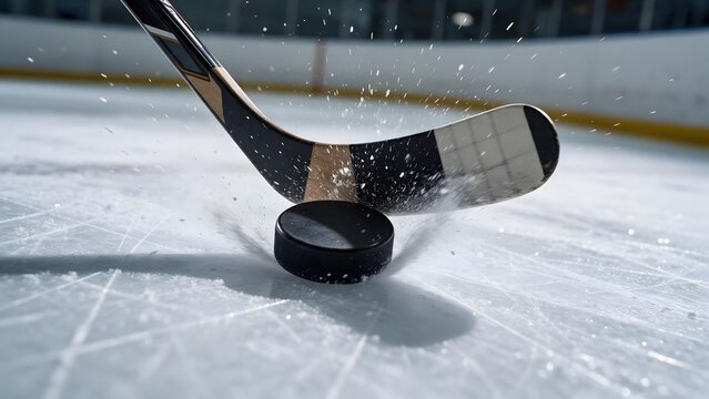 Ice hockey stick controlling black puck on ice rink