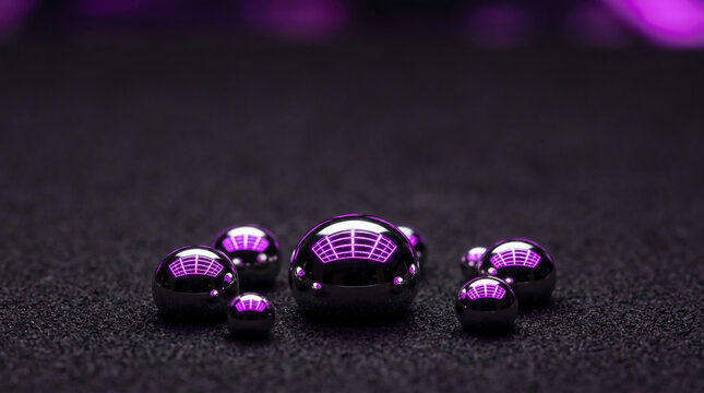 Polished chrome spheres reflecting vibrant purple neon grid lights on a dark textured surface, futuristic abstract background with sleek metallic finish and cinematic moody atmosphere.