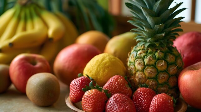 A vibrant assortment of fresh tropical and temperate fruits arranged in a colorful  inviting display with warm natural lighting