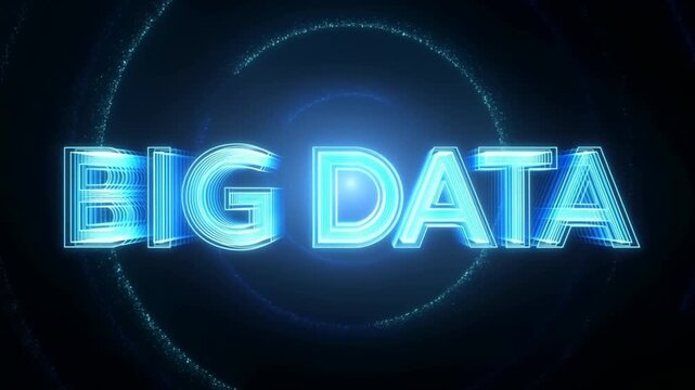 Tracking shot glowing big data text rotating and pulsing inside circular particle network in dark digital space background