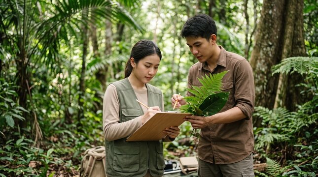 Female student taking notes on a clipboard while her male teammate holds fresh fern samples in a lush tropical forest, depicting botanical field study, plant taxonomy, and ecological research.