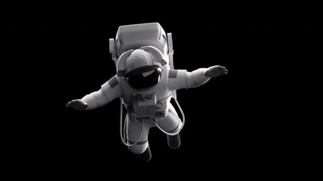 Astronaut floating in weightlessness outer space suit on black background 3d rendering animation