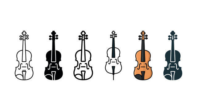 Set of six violin and cello musical instrument icons in different artistic styles