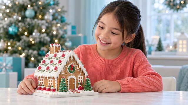 Girl Decorating Gingerbread House at Christmas Holiday Table