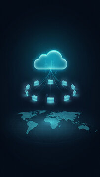 Holographic cloud server concept connecting digital data points around world map with computing holographic connection technology internet information connectivity