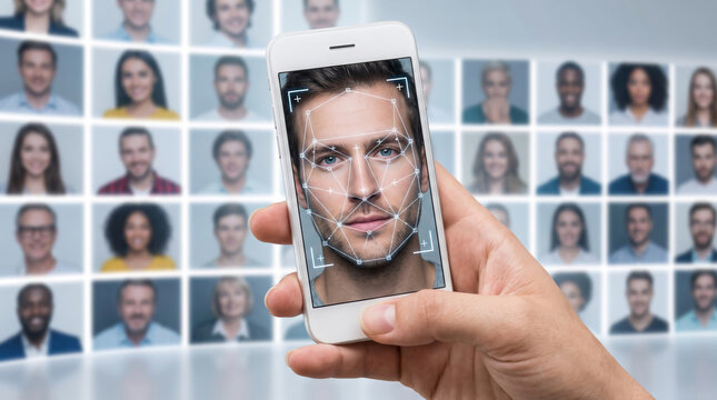 Biometric face scanner supports digital identity recognition. Facial recognition identification system. cyber security privacy protection safety, person access verification