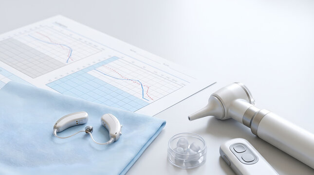 Hearing aids, otoscope, and audiogram test charts on a white medical desk in an audiology clinic.