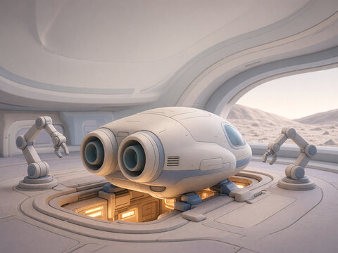 Futuristic white spaceship pod with twin engines in a planetary base. Automated maintenance with robotic arms in a space colony hangar overlooking an alien landscape