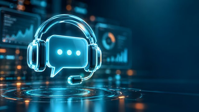 Glowing blue headset and speech bubble hologram representing automated customer service and smart technical support