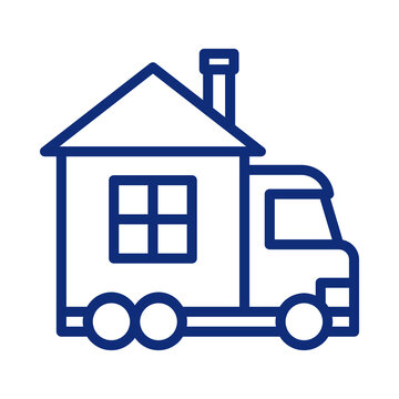 A blue linear icon representing a mobile home or residential moving truck service on an isolated background transparent background