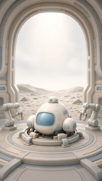 Futuristic pod spaceship docked on a landing pad. Robotic arms beside a space module on an alien moon base