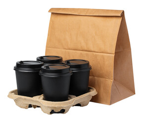 Fototapeta na wymiar Coffee cups in a cardboard tray next to a brown paper bag for takeout