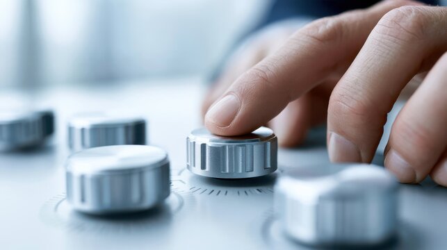 Close-up shot of a person's hand adjusting a control knob on a piece of equipment. The focus is sharp on the hand and knob, with a shallow depth of field blurring the background