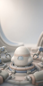 Close-up of a small futuristic pod spaceship docked on a platform. Automated robotic arms beside a space module in soft pastel colors