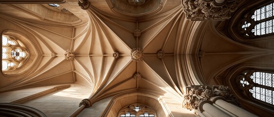 Fototapeta premium Aweinspiring upward perspective of a Gothic cathedrals ribbed vaulted ceiling, bathed in warm golden light. Perfect for heritage, spirituality, history, and luxury design projects.
