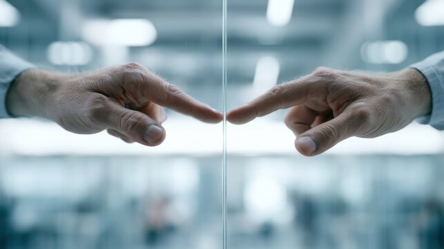 Two hands reaching out and touching each other across a reflective surface, symbolizing connection and interaction in a modern environment