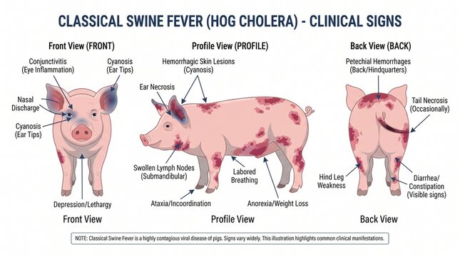 Educational Infographic Showing Clinical Signs Of Classical Swine Fever In Pigs Front Side And Back