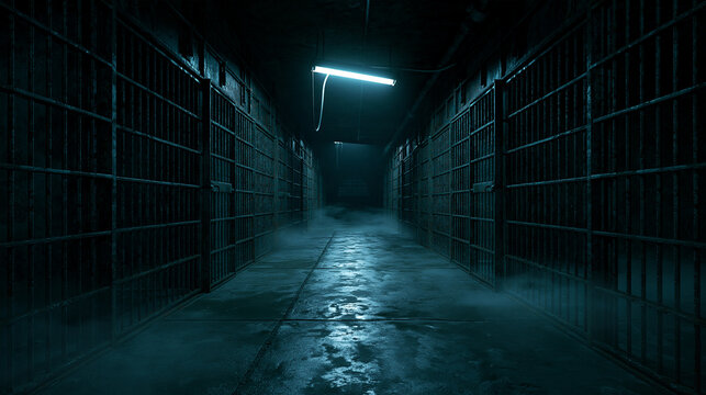 A dark narrow corridor with metal cage doors and a single glowing light fixture in a moody setting