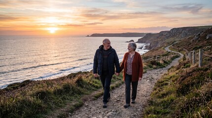 Fototapeta premium Elderly couple holding hands walking on coastal path at sunset enjoying scenic ocean view