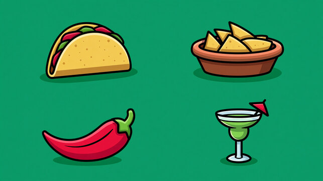 Set of four simple food icons featuring a taco tortilla chips chili pepper a cocktail