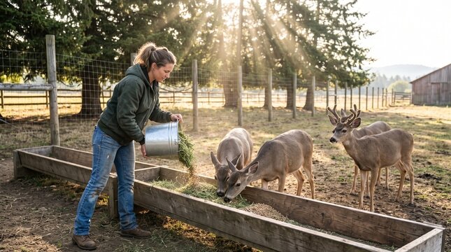 Female deer farm worker pouring fresh green feed from a bucket into a wooden trough for hungry deer at sunrise, conveying livestock nutrition, deer farming, and morning animal care routine.