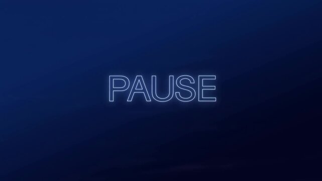 Slow motion glowing text "pause" appearing and brightening on dark blue gradient background, static center composition