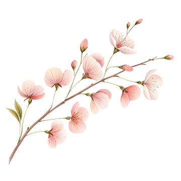 Cute watercolor illustration of a long blooming branch with pink flowers and green leaves isolated