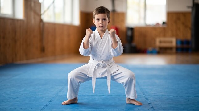 Young boy wearing a white gi uniform practicing a ready stance with raised fists on a blue tatami mat, conveying martial arts discipline, karate training, and youth focus.
