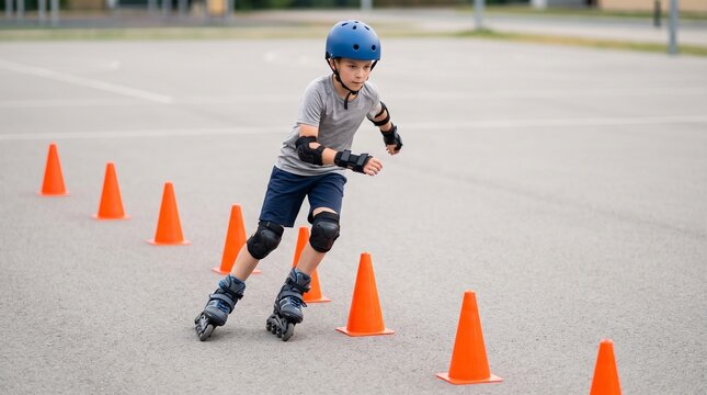 Young boy wearing a helmet and protective pads inline skating through a slalom cone drill on an asphalt court, highlighting outdoor skating skills, balance, and youth sports safety.