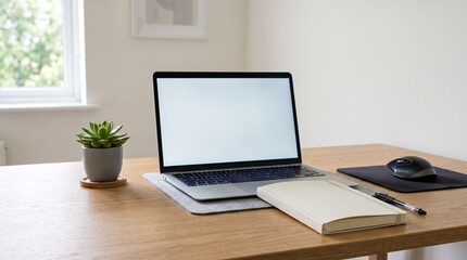 Fototapeta premium Modern home office setup with laptop, mouse, notebook, pen, and succulent plant on a wooden desk