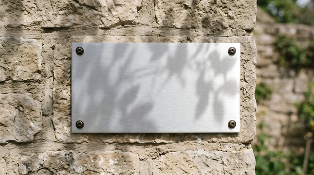 Blank Metal Plaque Mounted on Old Stone Wall with Leaf Shadows.