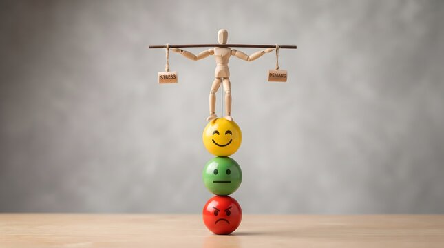 Figurine balancing happy neutral and sad faces on a scale.